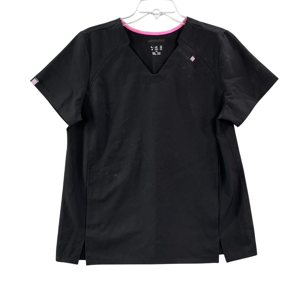 Scrubstar Scrub Top Womens Medium Black V-Neck Premium Stretch Pink Trim Nursing